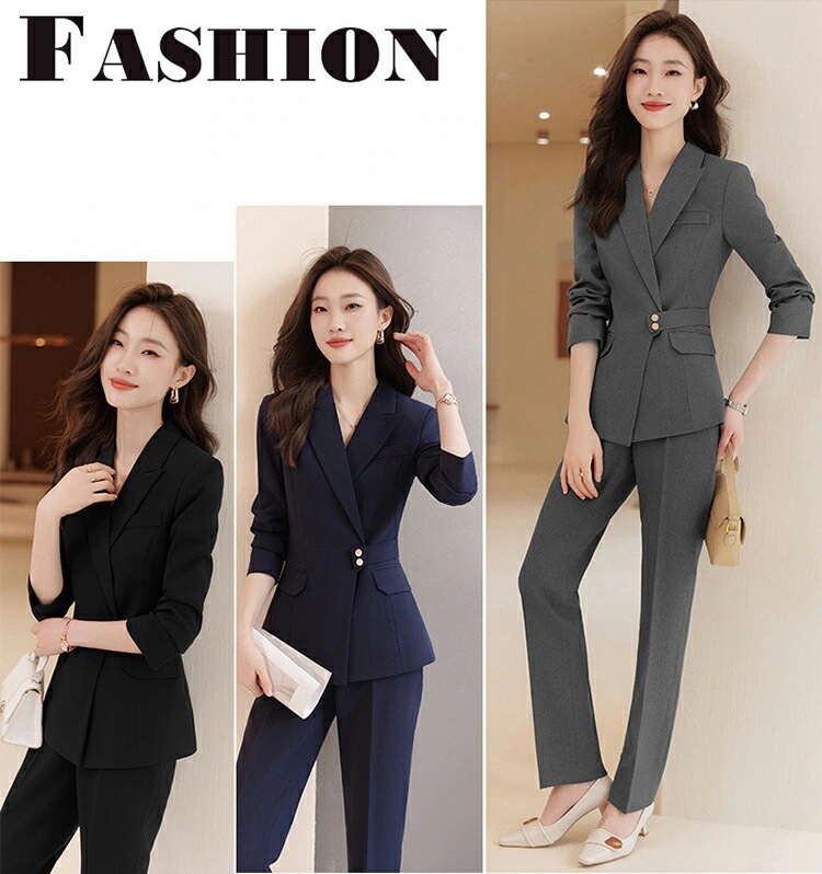 品質保証3色 レディーススーツ セットアップ 2点セット 「上着+パンツ」レディース スーツ 春夏秋冬 スリーシーズン パンツスーツ 無地 おしゃれ感 長袖 フォーマル スーツ 通勤 オフィス ビジネ