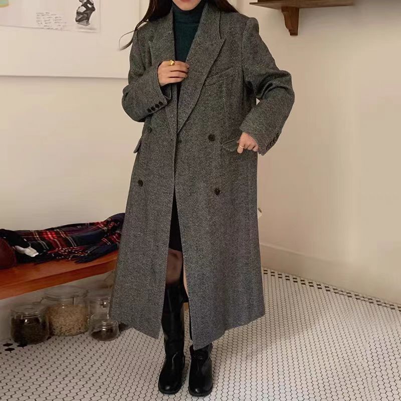 韓国のとのレトロなハイエンドスーツの襟ヘリンボーンパターンルーズカジュアル長袖ウールコートコート女性のための