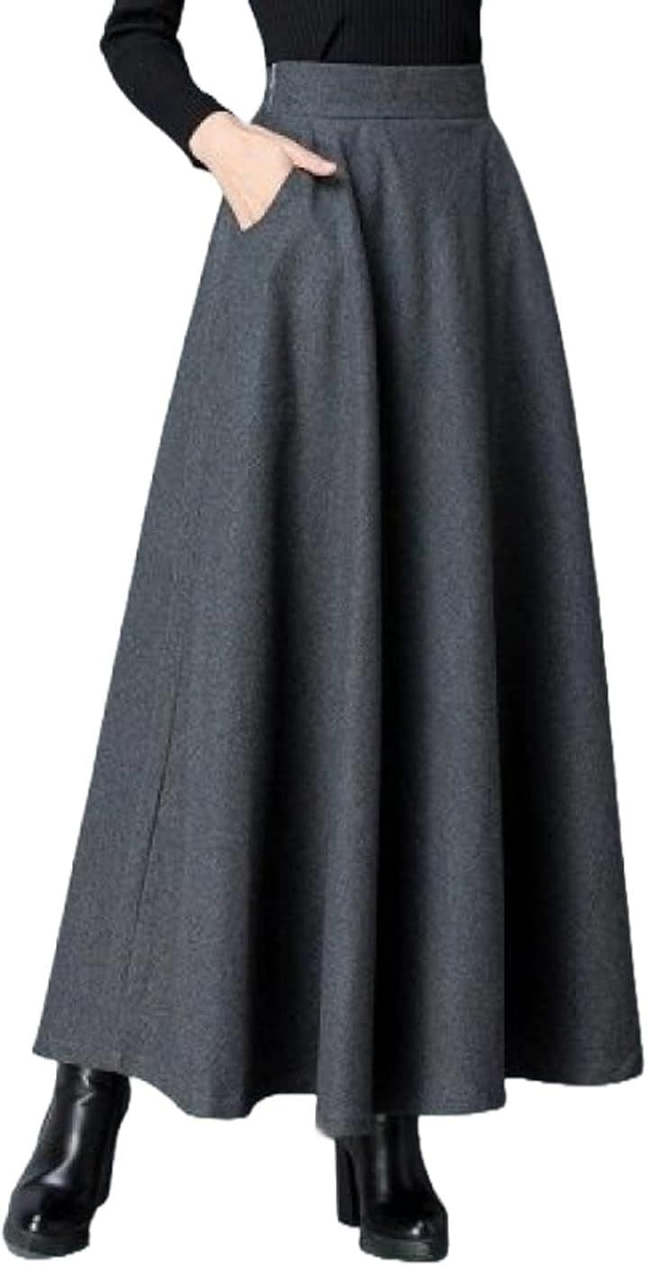 スカート ロング レディース 厚手 フレア ハイウエスト マキシ丈 Aライン 秋 冬 春 (グレー, L)