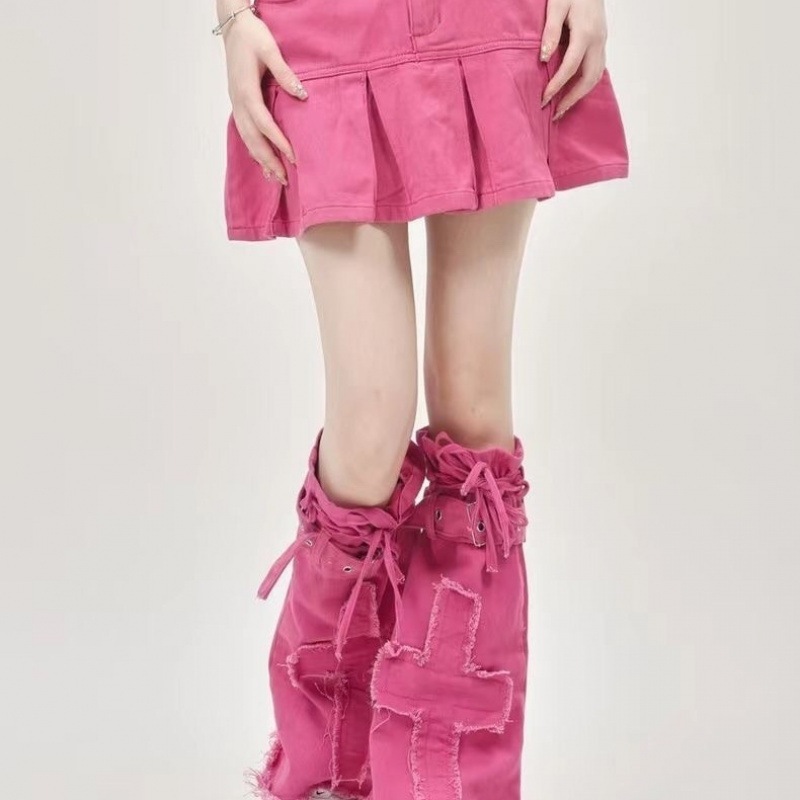 ラズベリーピンクガーリースタイルクロスマイクロホーンストラップデニムレッグウォーマーサマードーパミンスタイル