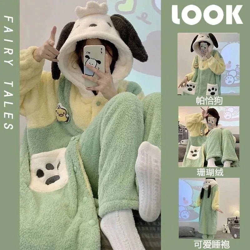 【2個買うと1個無料】ポチャッコ サンリオ もこもこ パジャマ 着ぐるみ 冬かわいい 厚い モコモコ 部屋着 ワンピースパジャマ ルームウェア レディース ガウン ペアルック カップル キッズ メンズ