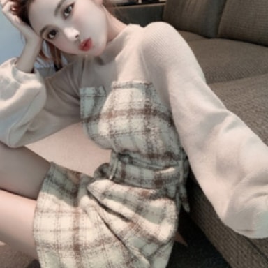 切替えデザイン長袖ワンピース ワンピース 膝丈 ひざ丈 長袖 ラウンドネック ストレート Iライン