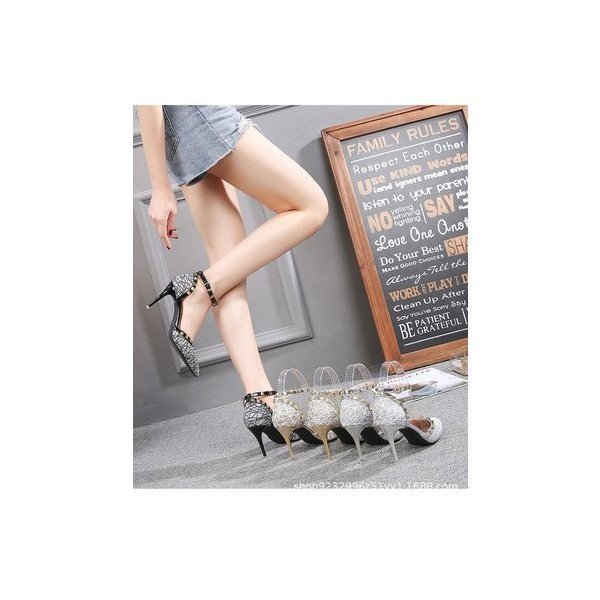 パンプス ハイヒール レディース 靴 パーティー 結婚式 リベット アンクルストラップ ピンヒール