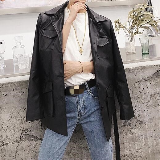 韓国ファッション メンズ アウター 秋服 長袖 PU レザー ジャケットPY15トレンチ