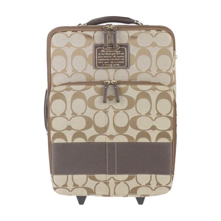 美品 COACH コーチ キャリーバッグ F77020 シグネチャー キャリーケース キャンバス レザー ベージュ ブラウン ゴールド金具 2輪 旅行鞄 本物保証 中古 25,600円