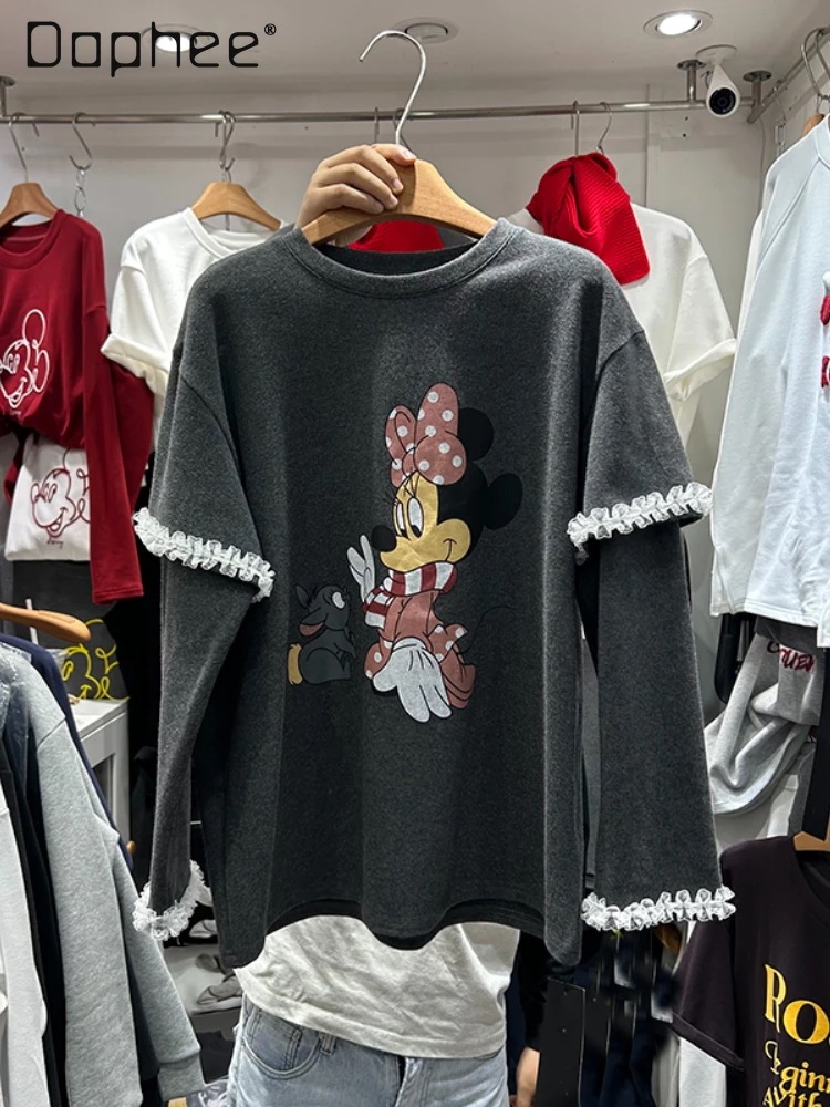 女性用ルーズラウンドネックTシャツ,スプライスレース,長袖,厚手のトップス,韓国ファッション,秋冬 - AliExpress 200000345