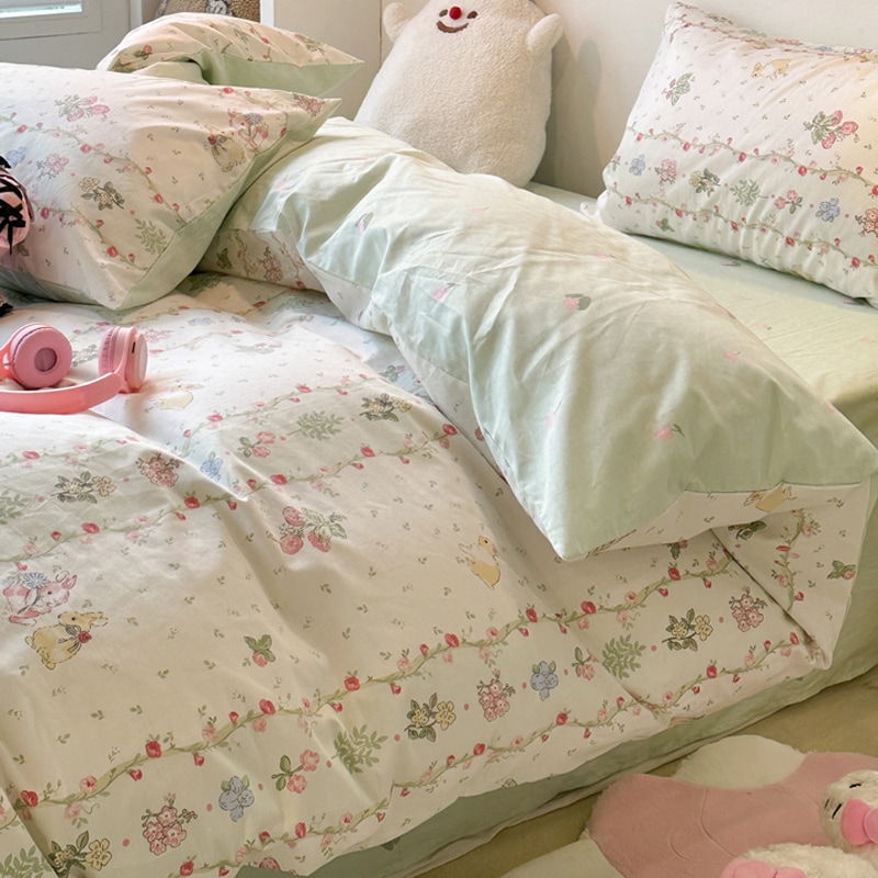 純綿ベッド4点セット 春季向け全綿寝具 花柄掛け布団カバー 寮用シーツ シングル3点セット ベッドシーツ 四季対応