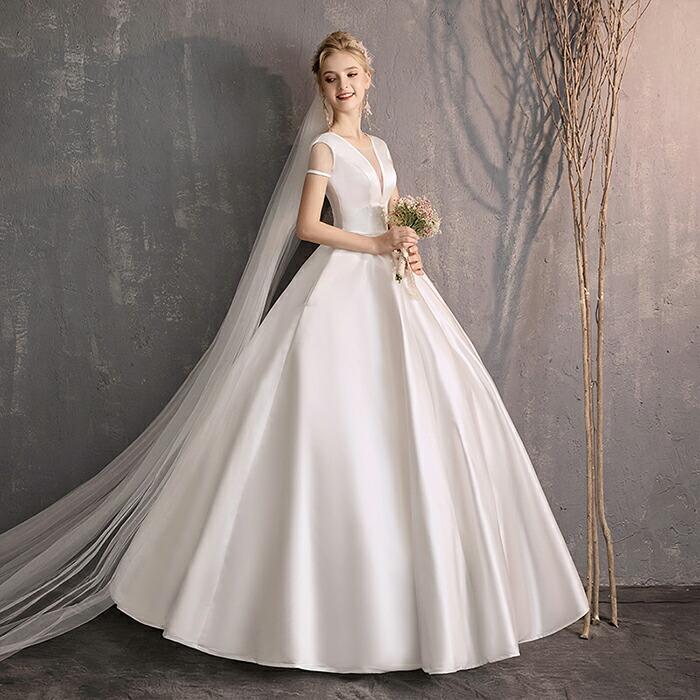 ウェディングドレス プリンセスライン 結婚式 二次会 前撮り 大きいサイズ ロングドレス ウエディングドレス 半袖 編み上げ ブライダル 披露宴 花嫁 シンプル