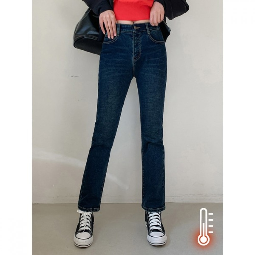 (Jinmania) ブルーヒドゥンバンディングボンディング起毛ストレートデニムパンツ