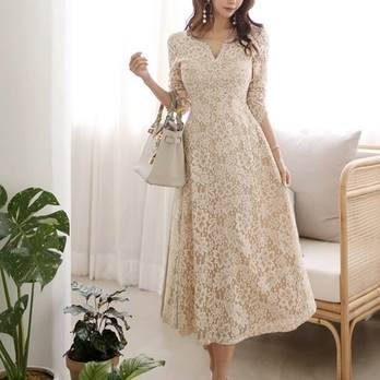 新作 ワンピースドレスパーティー 結婚式 総レース ドレス ミモレ丈 長袖 フラワーレース ワンピース夏 新しい 韓国風