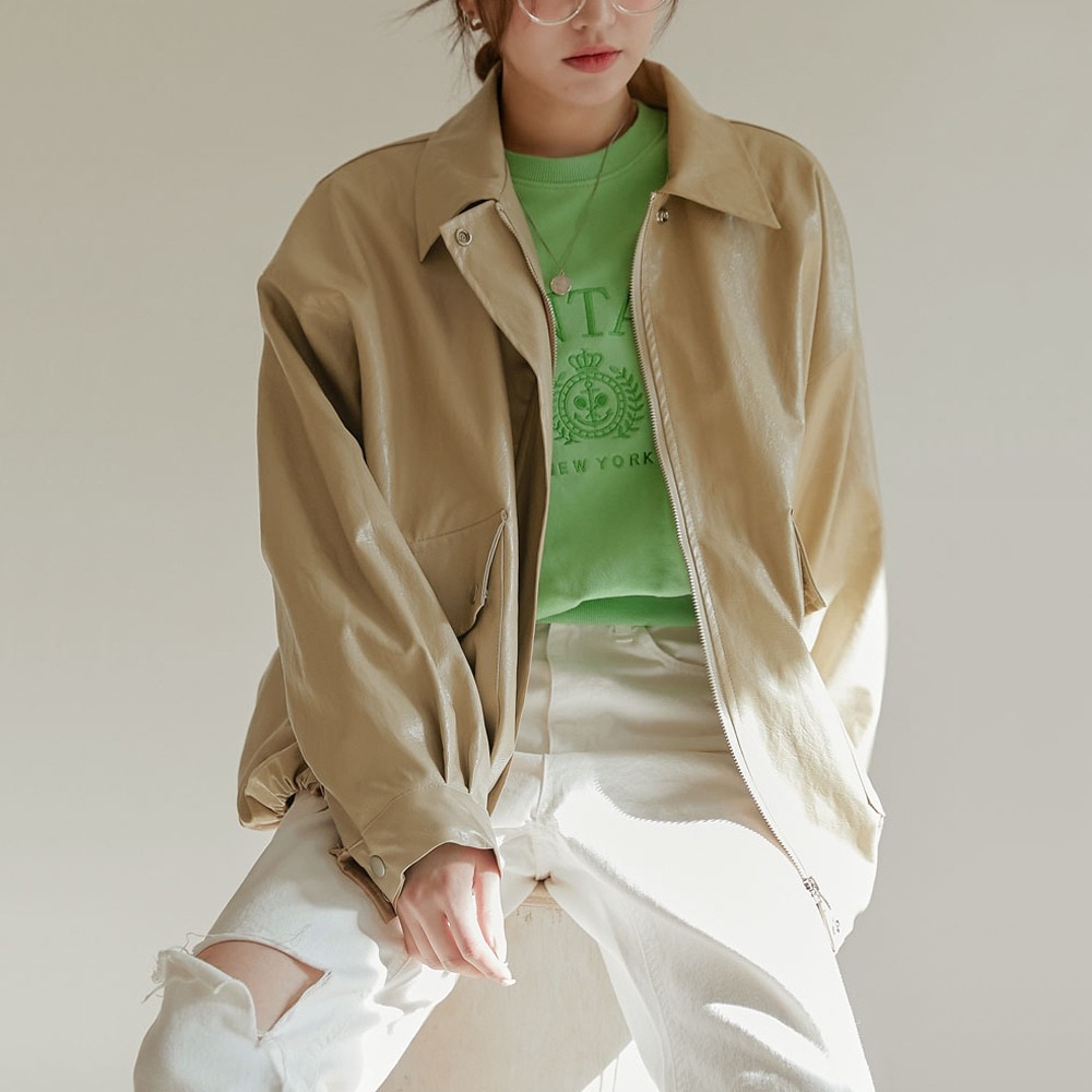 裾ドロストフェイクレザーブルゾン