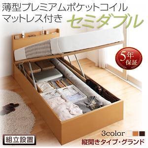 [組立設置料込み]国産 跳ね上げ収納ベッド [Freeda]フリーダ [薄型プレミアムポケットコイルマットレス付き] 縦開き セミダブル 深さグランド [フレーム色]ダークブラウン