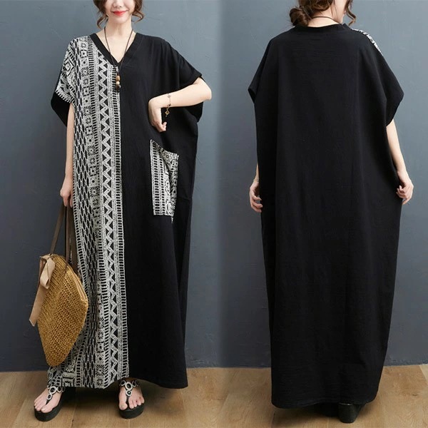 ワンピース レディース 夏ワンピ ロング Vネック エスニック 袖あり おしゃれ リゾート 刺繍 ファッション 春夏 カジュアル 大きいサイズ 体型カバー ゆったり 大きめ きれいめ 日常 大人 カジ