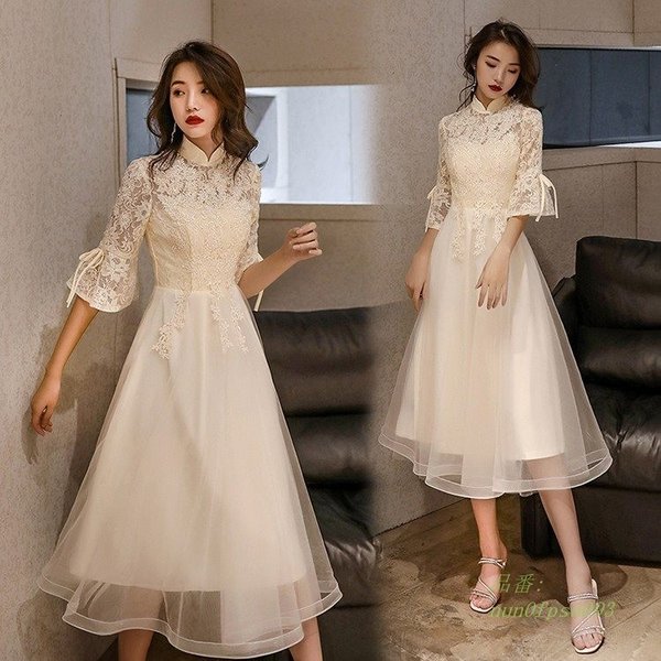 パーティードレス 30代 上品 結婚式 袖あり ミモレ丈 ドレス ミモレ丈 透け感レース お呼ばれ 魅力 20代 フォーマル ワンピース 同窓会