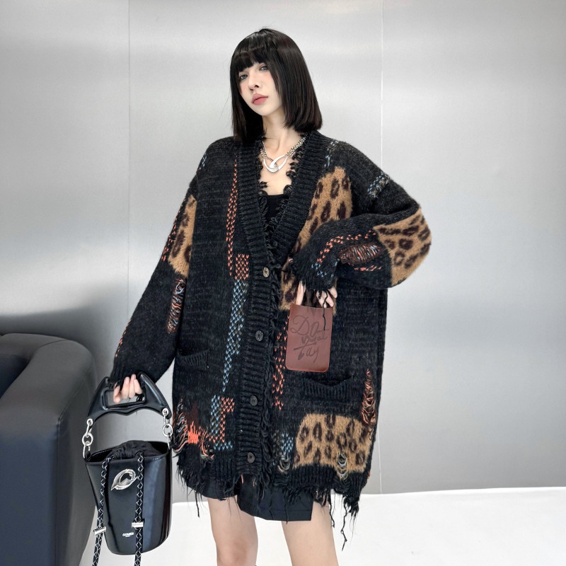 【Noir Mode】 秋冬 カーディガン Vネック ニット アウター デザイン性 ブラックコーデ 大きいサイズ レディース 体型カバー セーター ニットトップス