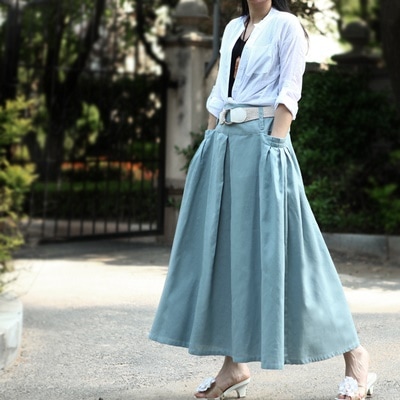 3276．フレアカジュアルボトムス(ブルー) 2019春夏　マキシ丈　大人カジュアル　ロング丈　タックスカート　お出かけ お呼ばれ　女子会　普段使い