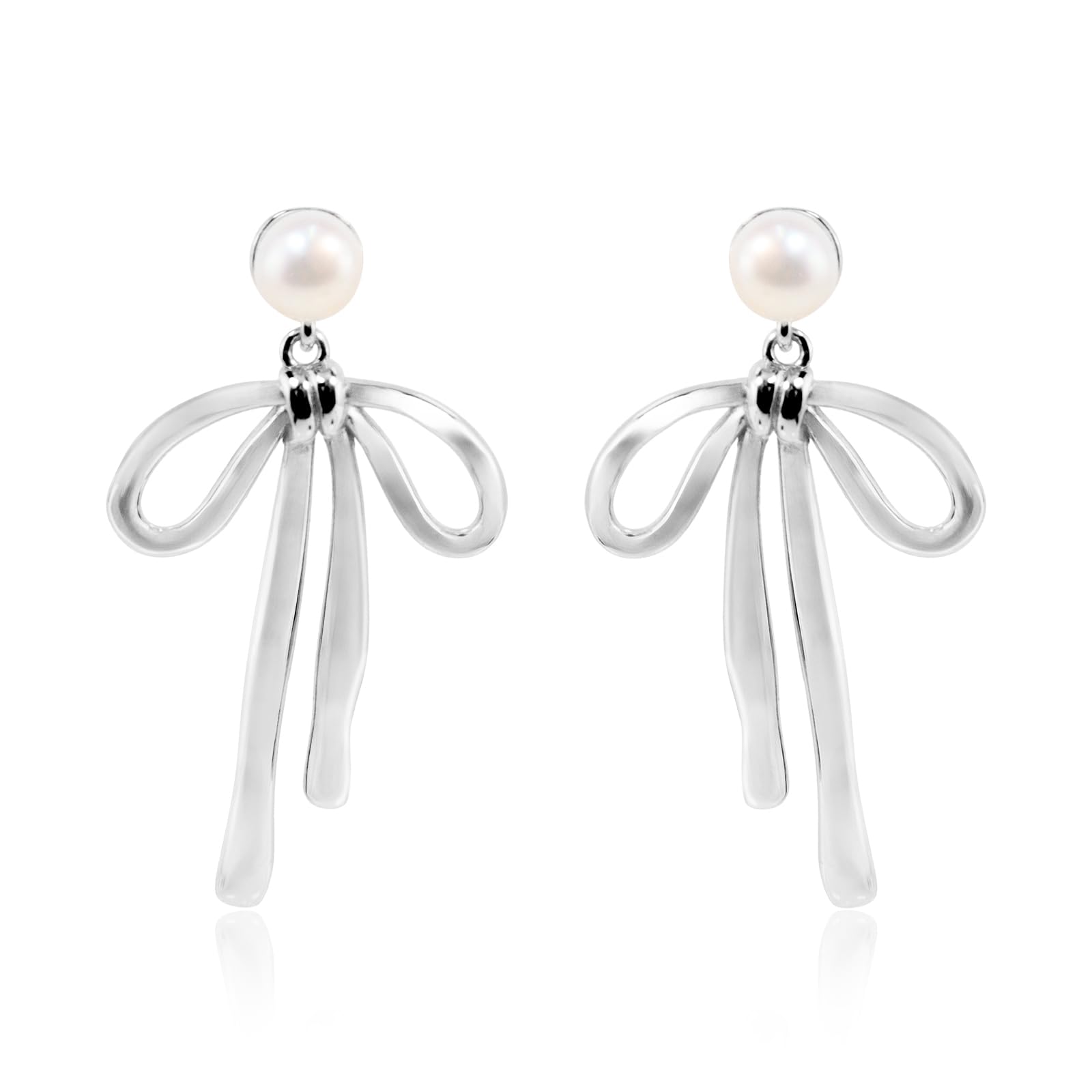 リボンピアス S925銀 淡水パール＆18Kメッキ - 上品 36mm (ゴールド/ホワイトゴールド) プレゼント対応 ギフトボックス入り