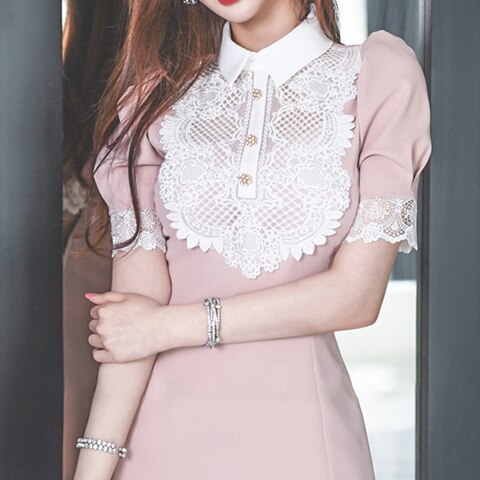 ワンピース 半袖 春 夏 きれいめ aライン フレアスカート ミニ丈 ショート丈 膝上 ぽわん袖 パフスリーブ 萌袖 ラウンドネック 襟付き フリルカラー フレア セミフレア 細身 ストレート Aライ