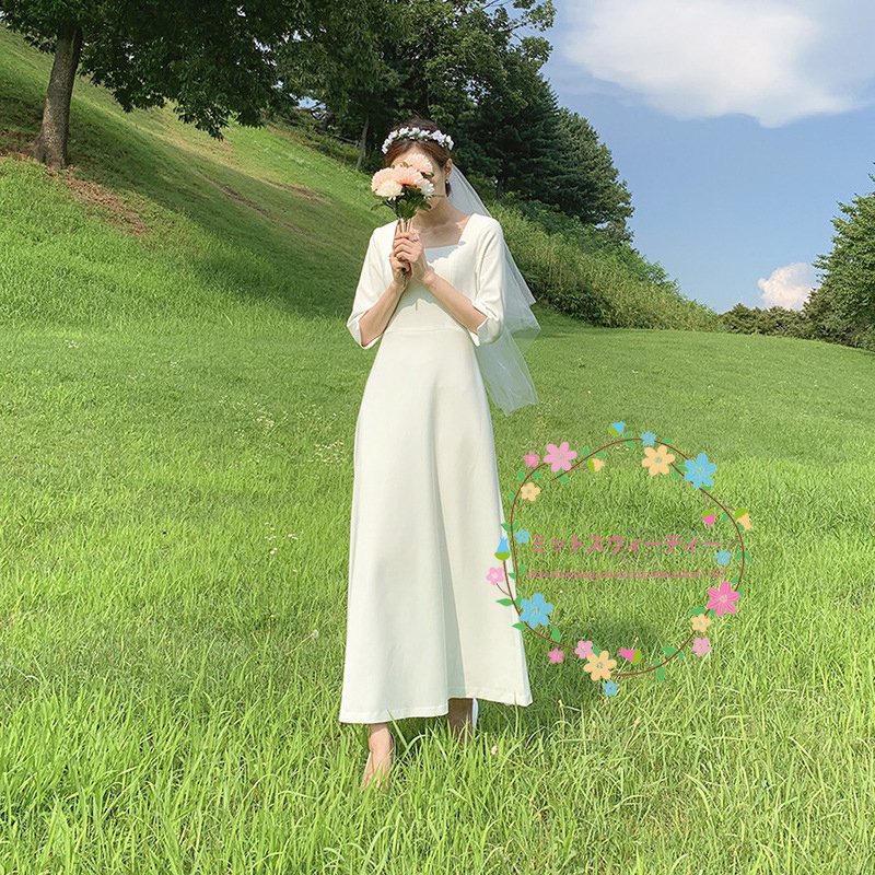 ウエディングドレス カジュアル ナチュラル 安い 花嫁 ドレス ウェディングドレス ワンピース ビーチフォト後撮り ブライダル 袖あり Aライン 二次会