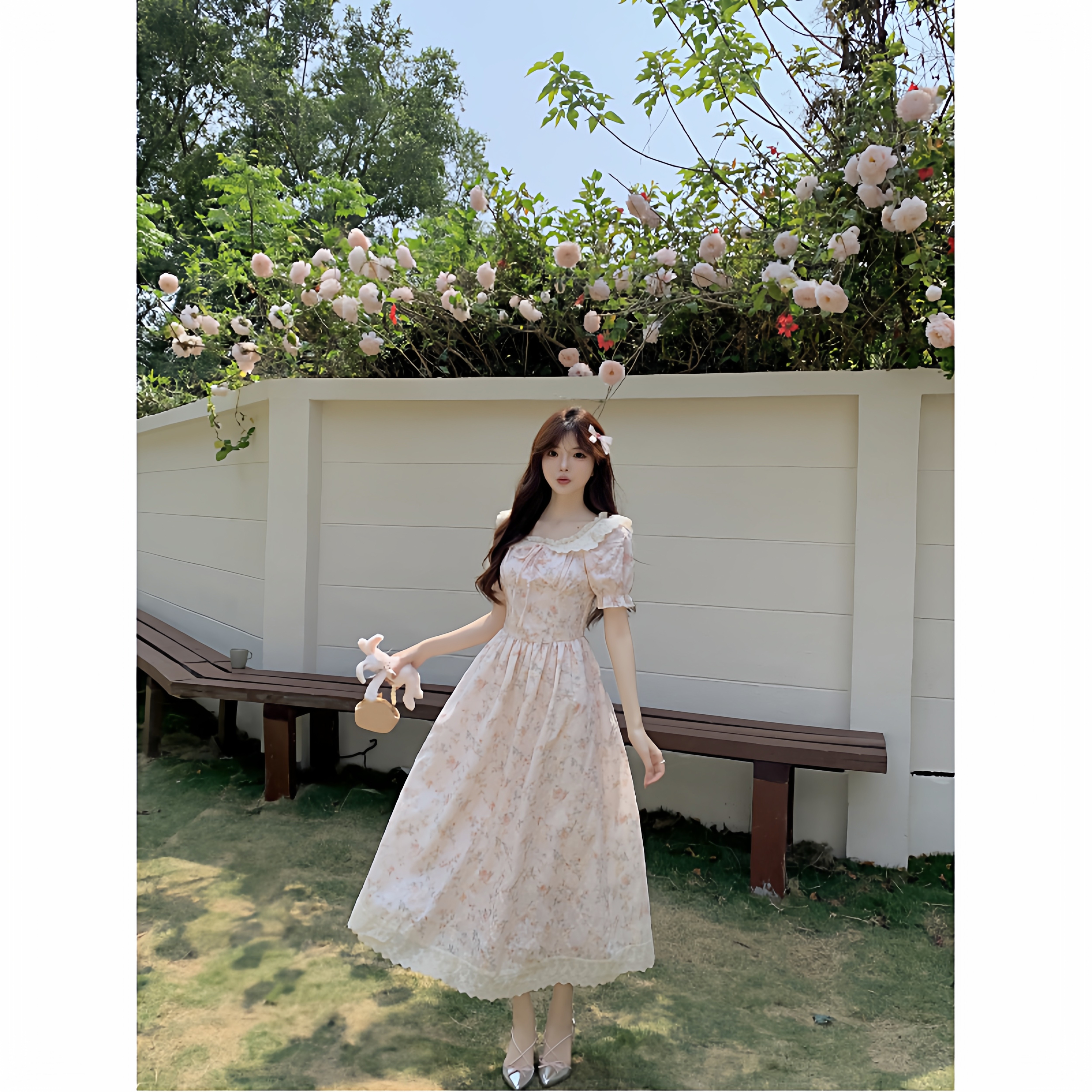 大きいサイズのぽっちゃり体型向け美しいパフスリーブの花柄小柄な女性にぴったりの甘く優しい雰囲気のフェアリードレス