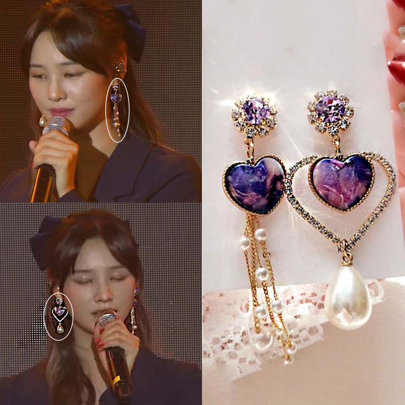 [韓国芸能人着用韓国人気製品] キラキラ ハート パープル 真珠 ドロップ アンバランス 華やかなイヤリング/イヤリング