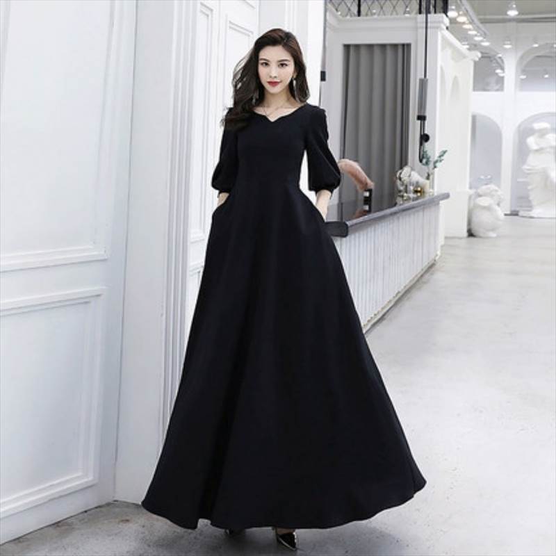 ロング ドレス パーティードレス 黒 無地 シンプル プリンセス 袖あり 個性的 フレア Aライン 結婚式 二次会 お呼ばれ フォーマル 演奏会 ピアノ 発表会 ドレス ワンピース 大人 かっこいい 10,544円