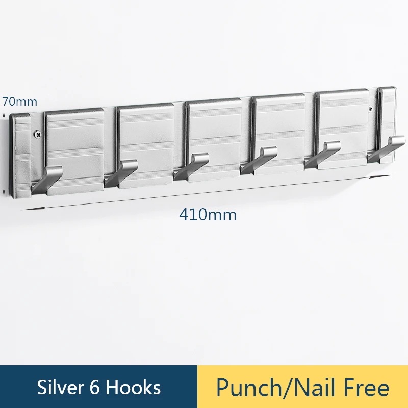 フックとハンガー用の粘着性の壁フック,コートラック,バスルームフック,1セット Silver 6 Hook