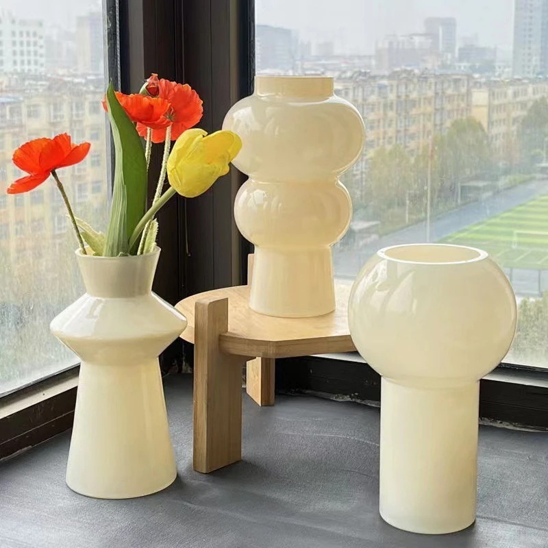 【20点セット】【送料無料】クリーム色のガラス花瓶リビング生け花水耕レトロホームテーブル飾りレトロ