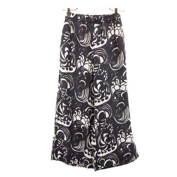 リネン 総柄 パンツ 34 ブラック ウエストゴム レディース
