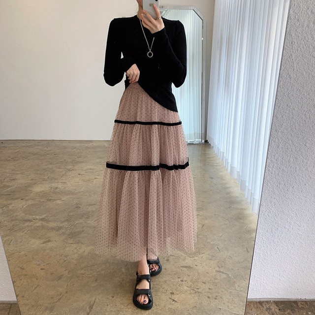 トップス スカート ボトムス カットソー チュールスカート ロング ロング丈 マキシ マキシ丈 袖あり 長袖 ラウンドネック フレア セミフレア Aライン チュール 2点セット ツーピース