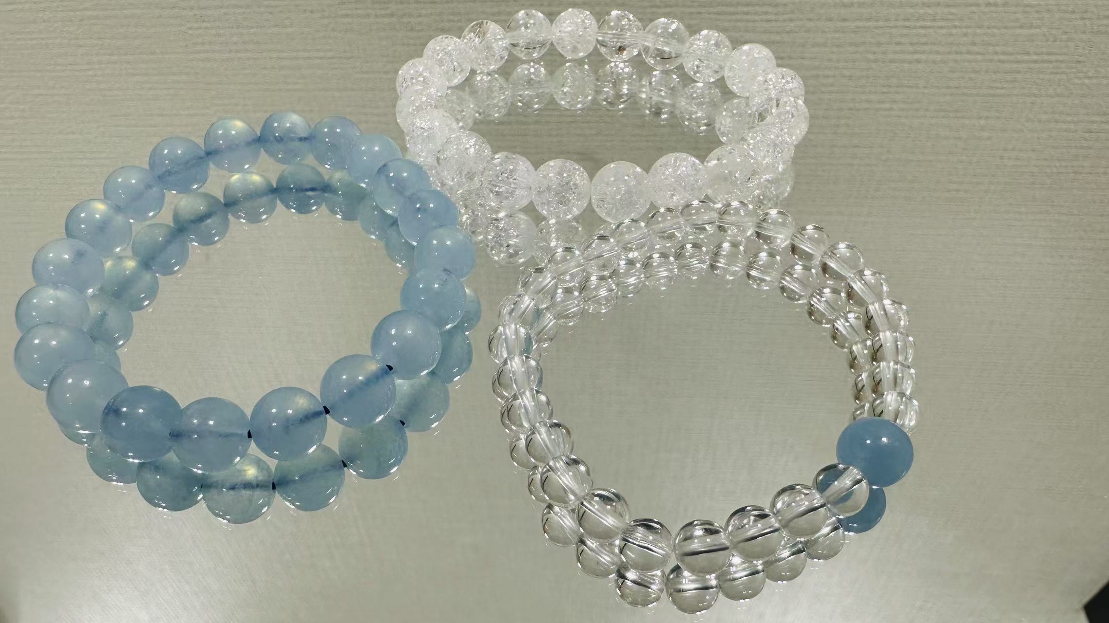 天然石パワーストーン　　アクアマリンと本水晶とクラッククリスタルセット（３本セット）約5－9MM　プレゼント用箱付き