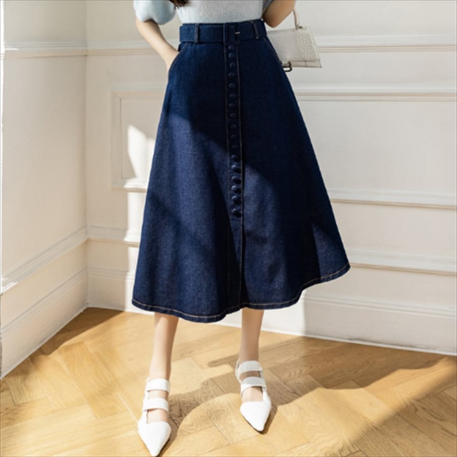 ロングスカート デニムスカート ミモレ丈 ミモレ ひざ下丈 フレア Aライン ハイウエスト ポケット ボタン 装飾 かわいい 大人可愛い きれいめ シンプル カジュアル 大人 上品