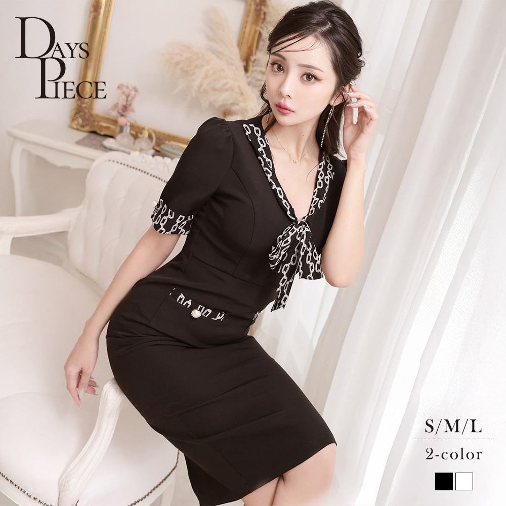 ワンピース キャバドレス 袖付き 体型カバー ミディ丈 ラウンジワンピース 韓国風 セレブワンピース 半袖 大人ワンピース 黒 リボン DaysPiece