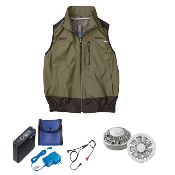 KU92120 空調服 R ポリエステル製 遮熱フルハーネス仕様ベスト FAN2200G・RD9261・LISUPER1セット カーキグリーン 4L