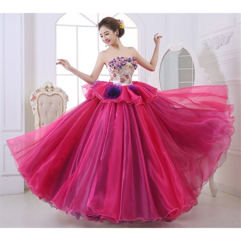 高品質 カラードレス パニエ付き ウエディングドレス ロングドレス パーティードレス 豪華 花嫁 礼服 結婚式 披露宴 謝恩会 二次会ドレス ローズ