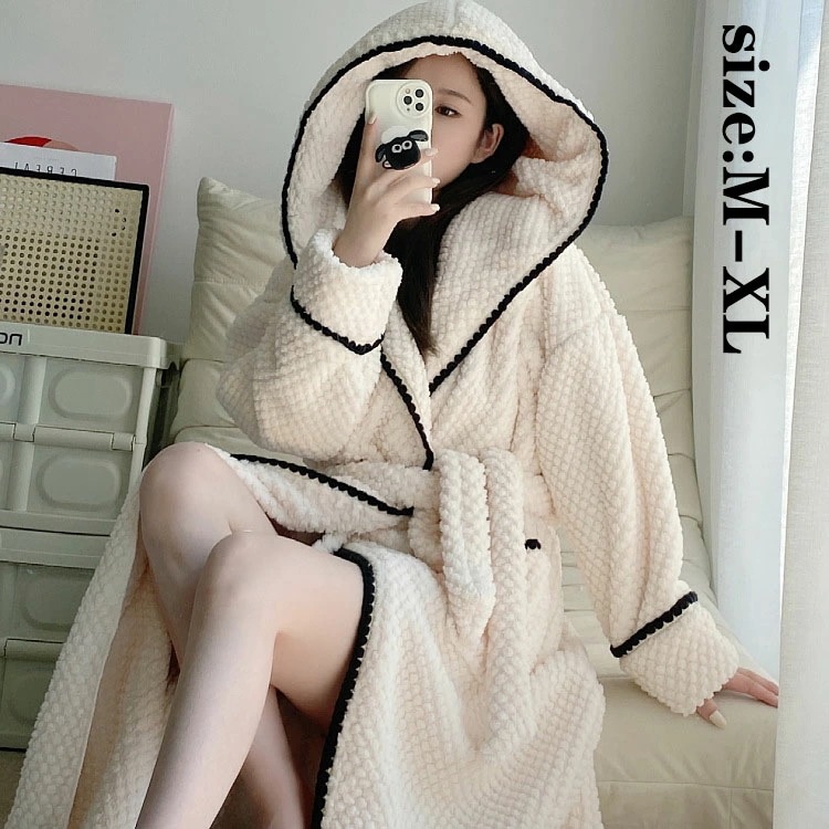 バスローブ ナイトローブ パジャマ レディース 冬 オシャレ きれいめ 帽付 長袖 フランネル 裏起毛 厚手 防寒 ルームウエア 部屋着 寝巻き レディースルームウエア INS 新作 上品 ルームウエ