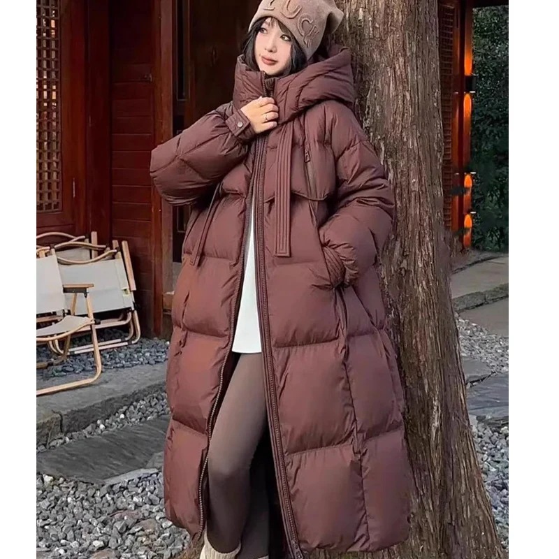 韓国版高品質大布団は2024年冬の新型ゆるいダウン綿服女性の長い膝コートを厚くした