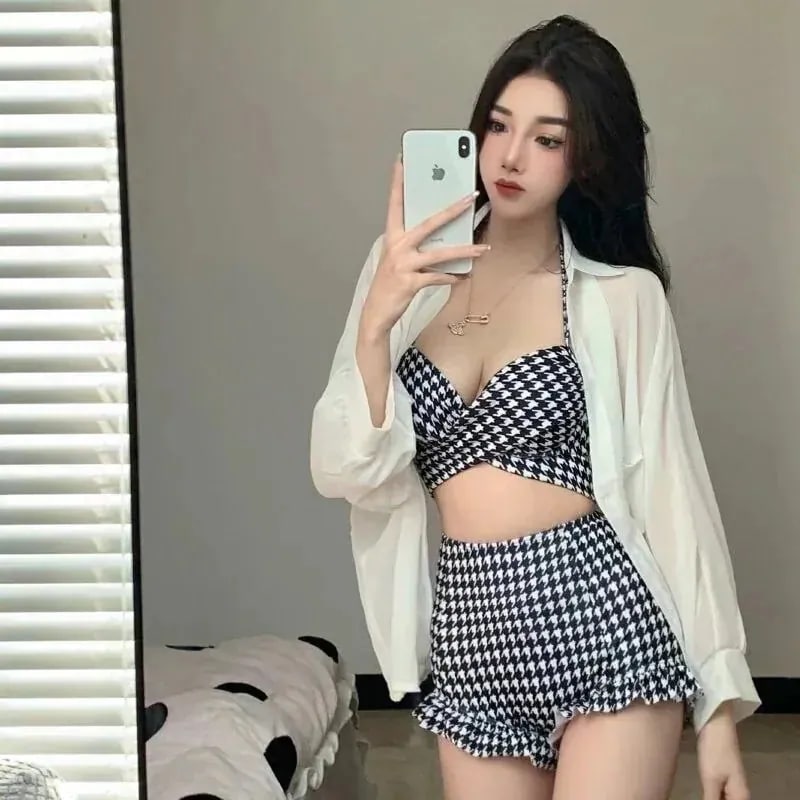 セクシーなスチールサポートが集まって薄いカバー腹ハイウエスト千鳥格子水着女性ビキニ温泉休暇を見せて