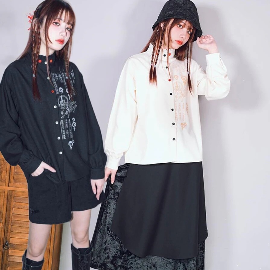 チャイナ風シャツ ブラウス 中華風 長袖トップス オリジナル スタンドカラー 黒/白 モダン 秋冬