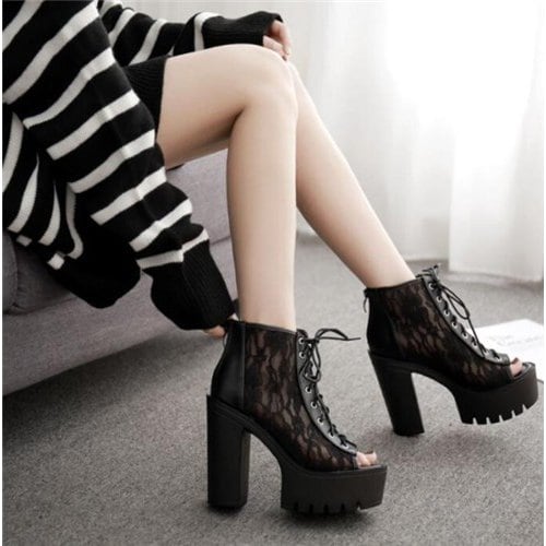 厚底サンダル編み上げ　レースアップシューズ　サンダルサマーブーツ　オープントゥブーツサンダル　ブー