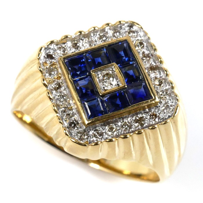 K18YG イエローゴールド リング・指輪 サファイア1.23ct ダイヤモンド0.41ct 22号 10.8g メンズ 中古
