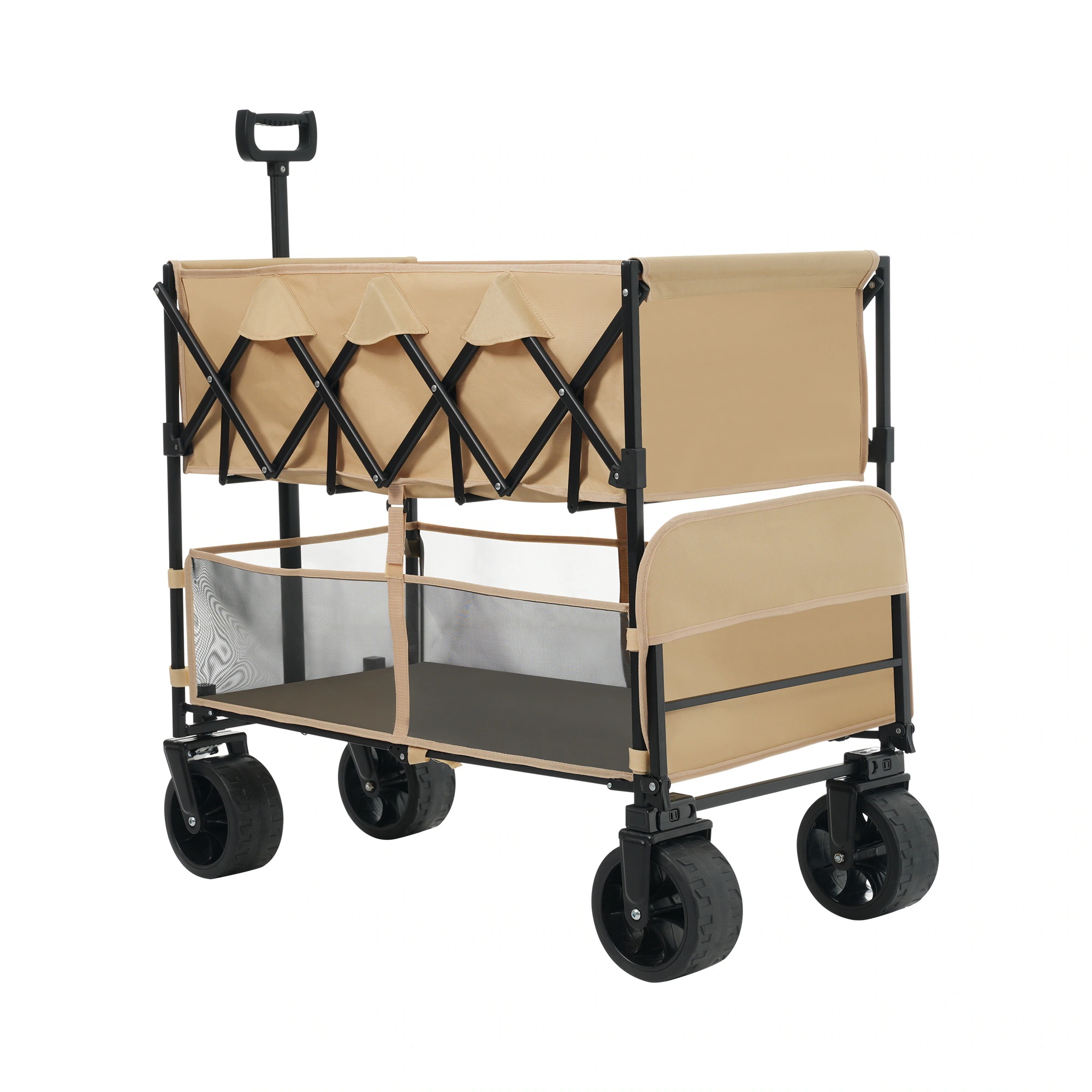 1925【ベージュ】ダブルシェルフ上下2段 キャリーワゴン アウトドアワゴン 290L 後ろ開け 自立式 折りたたみ コンパクト
