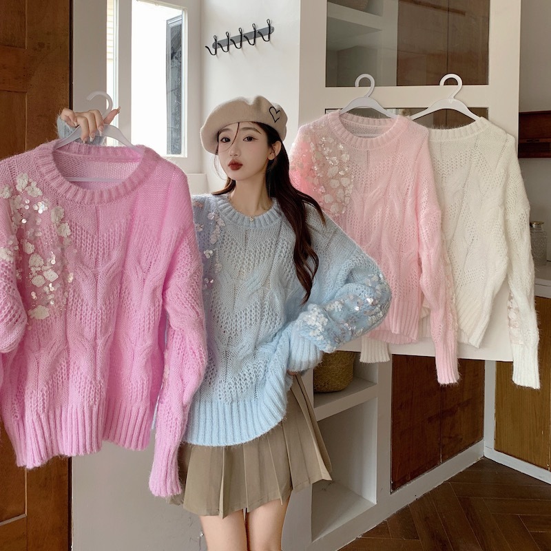 レディース トップス ニット フラワー フェミニン ガーリー キュート ふわふわ 上品 キュート 大人かわいい 長袖 ピンク ホワイト ブルー パープル 白 青 紫 20代 30代