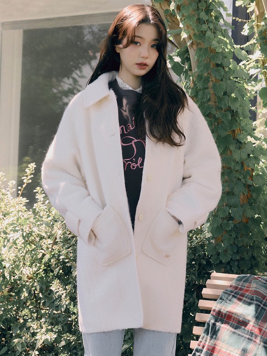 [IVE チャン·ウォニョン モデル着用] WOOL HALF COAT IVORY 限定版 韓国の人気ファッションブランド