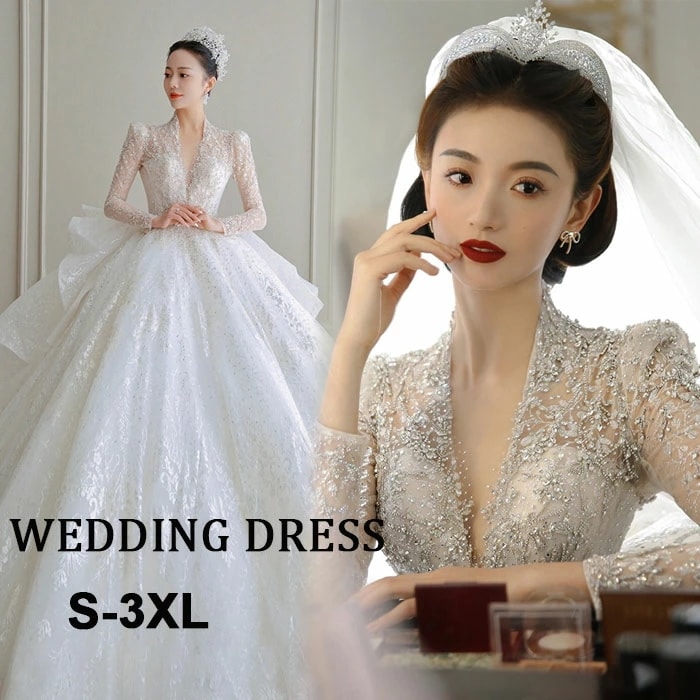 期間限定 新作 ウエディングドレス レディース 長袖 Vネック ワンピース 結婚式 花嫁 二次会 レース ドレス 少女 女性 腰縛り メッシュ フォーマル パーティー ロングワンピース 大人 演奏会