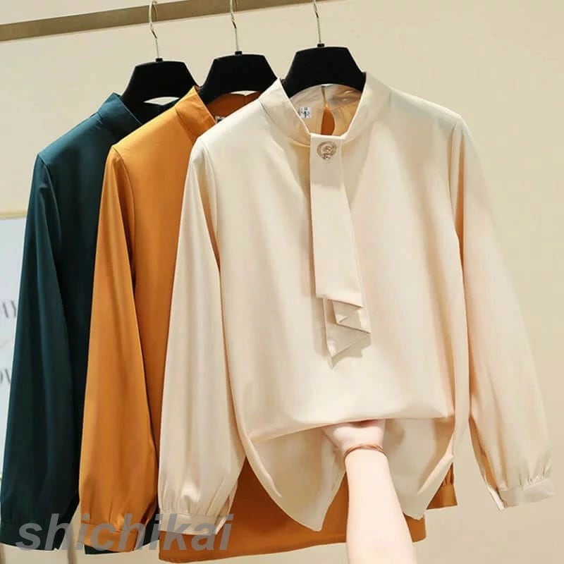 ボウタイブラウス ブラウス レディース トップス レディース 白ブラウス 長袖ブラウス バンドカラー タイブラウス フォーマルブラウス 大人可愛い カジュアル M -4XLカジュアルブラウス ホワイト