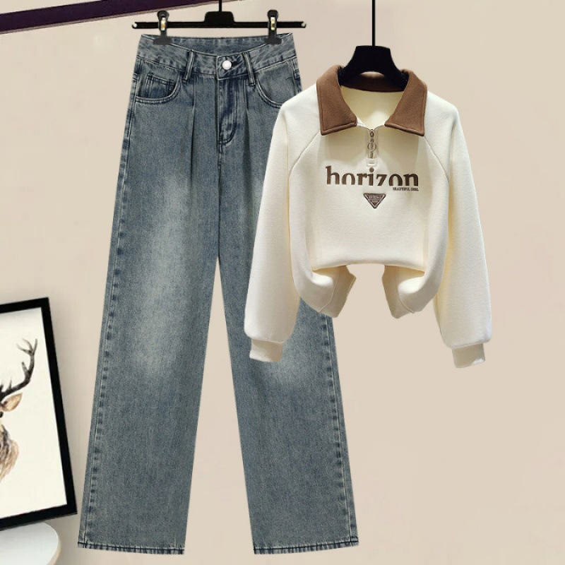 ハイエンドのカスタマイズ-ワンピーススーツ 2024 新しい秋ラペル長袖スウェットシャツ年齢を減らすニッチレトロハイウエストジーンズトレンド