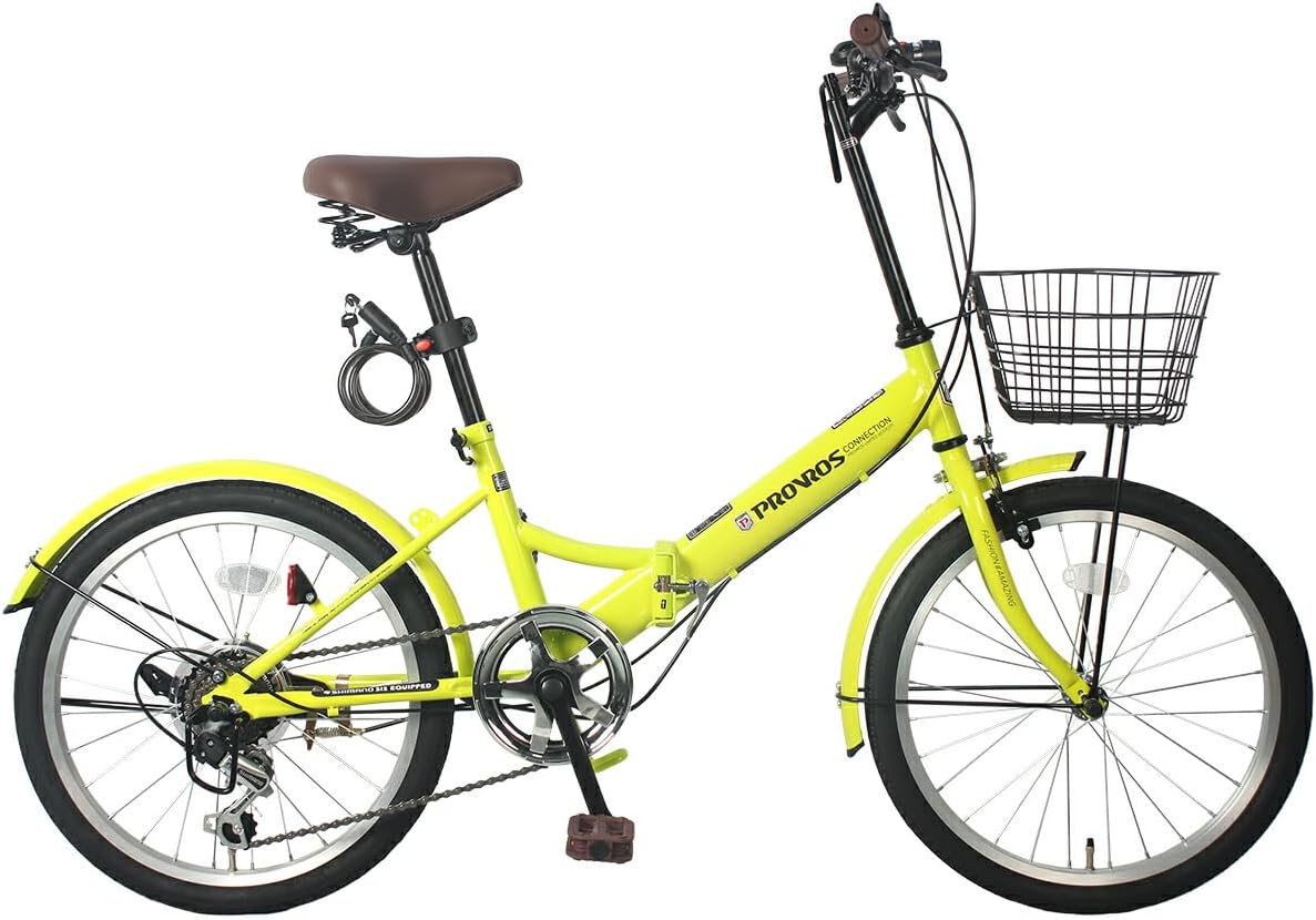 P-206 折りたたみ自転車 20インチ シマノ6段ギア カゴ /ワイヤー錠/ライト付き 通勤 通学 街乗り 折り畳み 自転車 【メーカー保証1年間】