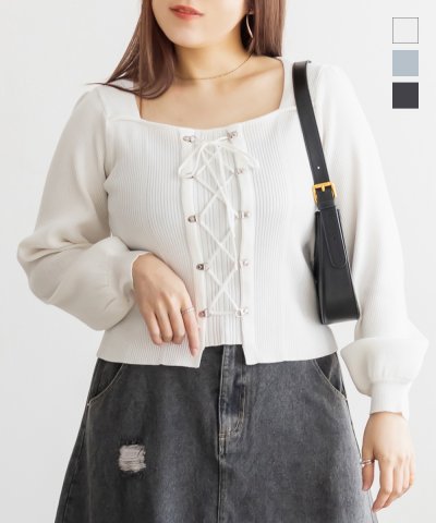 大きいサイズ レディース LL 3L 4L XL XXL XXXL CLETTEオリジナルスクエアネックレースアップニット