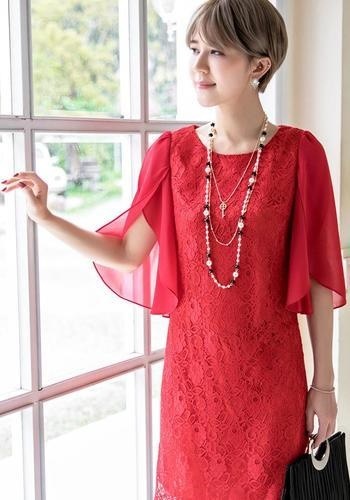 1401.レースシフォンドレス （レッド） 2019 春夏 sale 結婚式 お呼ばれ ドレス 二次会 披露宴 レディース 膝丈 パーティードレス 結婚式 袖あり 半袖 20代 30代 40代
